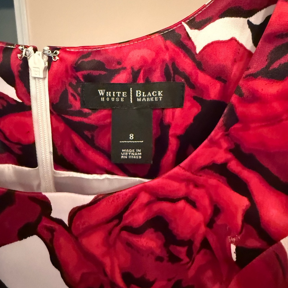 White House Black Market White, Red, and Black Sleeveless Midi Dress With Belt - Picture 7 of 7